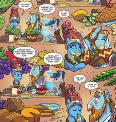 Size: 1003x1050 | Tagged: safe, artist:tonyfleecs, idw, imported from derpibooru, meadowbrook, rockhoof, stygian, earth pony, pony, unicorn, legends of magic, spoiler:comic, spoiler:comiclom9, apple, book, bowl, bread, butter, cheese, comic, corn, eating, eyes closed, female, food, grapes, heart eyes, herbivore, lemon, levitation, lidded eyes, looking at each other, magic, male, mare, muffin, napkin, pie, rockbrook, shipping fuel, smiling, stallion, telekinesis, wingding eyes