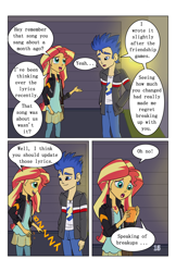 Size: 2650x4096 | Tagged: safe, artist:verumteednp, deleted from derpibooru, imported from derpibooru, flash sentry, sunset shimmer, comic:sparkling shimmer, equestria girls, blushing, cellphone, clothes, comic, dialogue, female, flashimmer, geode of empathy, jacket, looking at each other, magical geodes, male, pants, phone, shipping, shirt, smiling, speech, straight