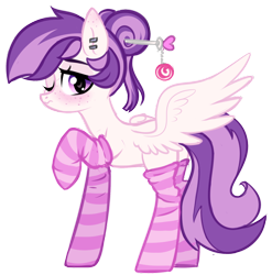 Size: 1688x1708 | Tagged: safe, artist:astralblues, artist:starrcoma, imported from derpibooru, oc, oc only, oc:mentol heart, pegasus, pony, 2018 community collab, derpibooru community collaboration, blushing, clothes, ear piercing, female, freckles, looking at you, mare, one eye closed, piercing, raised hoof, shy, simple background, socks, solo, striped socks, transparent background, wings