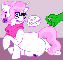 Size: 991x952 | Tagged: safe, artist:/d/non, imported from derpibooru, raspberry latte, oc, oc:anon, pony, unicorn, the parent map, /mlp/, clothes, drawthread, ear piercing, earring, female, glasses, jewelry, offscreen character, piercing, scarf