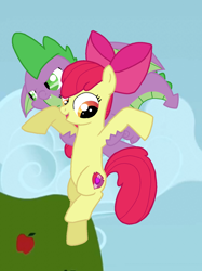 Size: 1150x1534 | Tagged: safe, artist:dsfranch, imported from derpibooru, apple bloom, spike, pony, molt down, cutie mark, female, filly, flying, holding a pony, male, shipping, sky, spikebloom, straight, the cmc's cutie marks, winged spike, wings