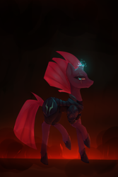 Size: 836x1250 | Tagged: safe, artist:nutellaakanutella, imported from derpibooru, tempest shadow, pony, unicorn, my little pony: the movie, armor, broken horn, eye scar, female, looking at you, magic, mare, scar, solo, sparking horn