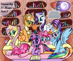 Size: 4000x3333 | Tagged: safe, artist:aiyanmanno, imported from derpibooru, applejack, fluttershy, pinkie pie, rainbow dash, rarity, twilight sparkle, alicorn, pony, alicorn six, alicornified, applecorn, book, fluttercorn, golden oaks library, high res, magic, mane six, mane six alicorns, mare in the moon, moon, pinkiecorn, prone, race swap, rainbowcorn, raricorn, twilight sparkle (alicorn), xk-class end-of-the-world scenario