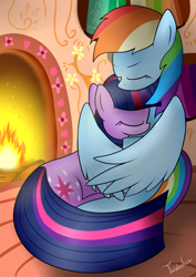 Size: 2480x3507 | Tagged: safe, artist:twidasher, imported from derpibooru, rainbow dash, twilight sparkle, pegasus, pony, unicorn, cuddling, duo, female, fireplace, golden oaks library, hug, lesbian, mare, shipping, sleeping, sleeping while sitting, twidash, winghug