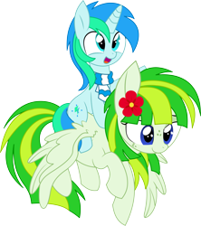 Size: 6021x6782 | Tagged: safe, artist:aureai, artist:cyanlightning, imported from derpibooru, oc, oc only, oc:cyan lightning, oc:green lightning, pegasus, pony, unicorn, 2018 community collab, derpibooru community collaboration, .svg available, absurd resolution, clothes, colt, cute, cyan lightning riding green lightning, duo, female, flower, flower in hair, flying, lidded eyes, male, mare, mother and son, ocbetes, open mouth, ponies riding ponies, riding, scarf, simple background, smiling, spread wings, transparent background, vector, wings