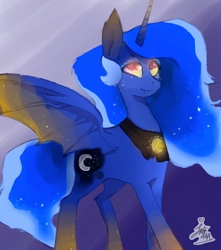 Size: 1610x1820 | Tagged: safe, artist:juliedraw2046, imported from derpibooru, princess luna, alicorn, bat pony, bat pony alicorn, pony, bat ponified, bat wings, cutie mark, female, freckles, glow, glowing, glowing eyes, glowing hooves, glowing wings, looking up, lunabat, mare, moonbat, race swap, slit eyes, slit pupils, smiling, solo, spread wings, wings