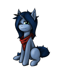 Size: 1000x1300 | Tagged: safe, artist:cobalt hex, imported from derpibooru, oc, oc only, oc:cobalt hex, pony, unicorn, 2018 community collab, derpibooru community collaboration, bandana, blank flank, colored, ear fluff, lined, neckerchief, one eye closed, pen, shading, simple background, sitting, smiling, solo, transparent background, wink