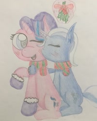 Size: 2055x2573 | Tagged: safe, artist:snivyshy24, imported from derpibooru, starlight glimmer, trixie, pony, unicorn, blushing, cheek fluff, christmas, clothes, duo, female, glowing horn, holiday, holly, holly mistaken for mistletoe, kissing, lesbian, magic, mare, one eye closed, scarf, shipping, startrix, telekinesis, traditional art, wink