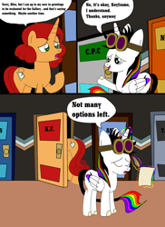 Size: 1700x2337 | Tagged: dead source, safe, artist:equestriaguy637, imported from derpibooru, oc, oc only, oc:keyframe, oc:lightning bliss, alicorn, pony, unicorn, comic:a magic lesson gone wrong, alicorn oc, analysis bronies, comic, cutie mark, dialogue, door, goggles, hallway, levitation, magic, paper, quill pen, speech bubble, talking, telekinesis