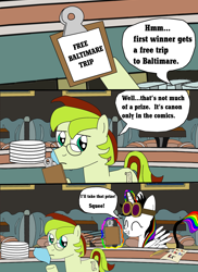 Size: 1700x2337 | Tagged: dead source, safe, artist:equestriaguy637, imported from derpibooru, oc, oc only, oc:lightning bliss, oc:voice of reason, alicorn, earth pony, pony, comic:a magic lesson gone wrong, alicorn oc, analysis bronies, checklist, clipboard, comic, cutie mark, dialogue, dish towel, dishes, glasses, goggles, levitation, magic, paper, plate, plates, quill pen, speech bubble, squee, table, talking, telekinesis