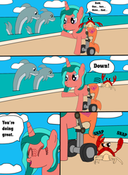 Size: 1700x2337 | Tagged: dead source, safe, artist:equestriaguy637, imported from derpibooru, oc, oc only, oc:ripple effect, crab, dolphin, pony, unicorn, comic:a magic lesson gone wrong, beach, cloud, comic, cutie mark, dialogue, dolphin's tail, sand, shorriaia, solo, speech bubble, talking, water, wheelchair