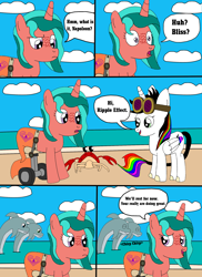 Size: 1700x2337 | Tagged: dead source, safe, artist:equestriaguy637, imported from derpibooru, oc, oc only, oc:lightning bliss, oc:ripple effect, alicorn, crab, dolphin, pony, unicorn, comic:a magic lesson gone wrong, alicorn oc, analysis bronies, beach, cloud, comic, cutie mark, dialogue, goggles, sand, shorriaia, speech bubble, talking, water, wheelchair