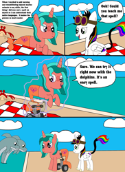 Size: 1700x2337 | Tagged: dead source, safe, artist:equestriaguy637, imported from derpibooru, oc, oc only, oc:lightning bliss, oc:ripple effect, alicorn, crab, dolphin, unicorn, comic:a magic lesson gone wrong, alicorn oc, analysis bronies, beach, cloud, comic, cutie mark, dialogue, goggles, levitation, lying, magic, picnic, picnic blanket, sand, self-levitation, shorriaia, sitting, sleeping, speech bubble, talking, telekinesis, water, wheelchair