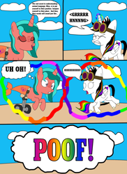 Size: 1700x2337 | Tagged: dead source, safe, artist:equestriaguy637, imported from derpibooru, oc, oc only, oc:lightning bliss, oc:ripple effect, alicorn, unicorn, comic:a magic lesson gone wrong, alicorn oc, analysis bronies, beach, cloud, comic, cutie mark, dialogue, goggles, levitation, magic, poof, sand, screaming, self-levitation, shorriaia, speech bubble, talking, telekinesis, thought bubble, wheelchair