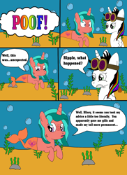 Size: 1700x2337 | Tagged: dead source, safe, artist:equestriaguy637, imported from derpibooru, oc, oc only, oc:lightning bliss, oc:ripple effect, alicorn, merpony, sea pony, unicorn, comic:a magic lesson gone wrong, alicorn oc, analysis bronies, bubble, comic, cutie mark, dialogue, food, gills, goggles, pineapple, poof, rock, seaponified, seaweed, species swap, speech bubble, spongebob joke, spongebob reference, spongebob squarepants, talking, underwater