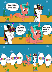 Size: 1700x2337 | Tagged: dead source, safe, artist:equestriaguy637, imported from derpibooru, oc, oc only, oc:lightning bliss, oc:ripple effect, alicorn, merpony, sea pony, unicorn, comic:a magic lesson gone wrong, alicorn oc, analysis bronies, bubble, comic, cutie mark, dialogue, gills, goggles, magic, poof, rock, seaponified, seaweed, species swap, speech bubble, talking, telekinesis, underwater