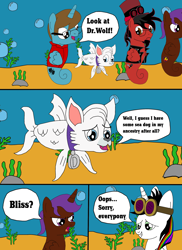 Size: 1700x2337 | Tagged: dead source, safe, artist:equestriaguy637, imported from derpibooru, oc, oc only, oc:dr. wolf, oc:eliyora, oc:lightning bliss, oc:thespio, oc:toonkriticy2k, alicorn, pegasus, pony, sea pony, unicorn, comic:a magic lesson gone wrong, alicorn oc, analysis bronies, bubble, clothes, collar, comic, cutie mark, dialogue, goggles, hat, jacket, red and black oc, rock, sea wolf, seaponified, seaweed, species swap, speech bubble, talking, top hat, underwater