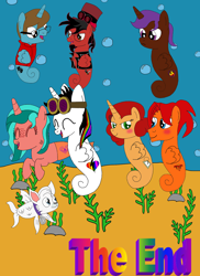 Size: 1700x2337 | Tagged: dead source, safe, artist:equestriaguy637, imported from derpibooru, oc, oc only, oc:dr. wolf, oc:eliyora, oc:goldenfox, oc:keyframe, oc:lightning bliss, oc:ripple effect, oc:thespio, oc:toonkriticy2k, alicorn, merpony, pegasus, pony, sea pony, unicorn, comic:a magic lesson gone wrong, alicorn oc, analysis bronies, bubble, clothes, collar, comic, cutie mark, ending, gills, goggles, hat, jacket, red and black oc, rock, sea wolf, seaponified, seaweed, species swap, swimming, this will end in an extradition, top hat, underwater