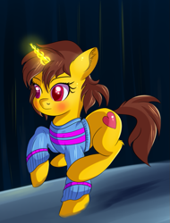 Size: 679x894 | Tagged: safe, artist:brok-enwings, imported from derpibooru, pony, unicorn, blushing, clothes, crossover, female, frisk, glowing horn, heart, mare, ponified, pullover, solo, sweater, undertale, walking