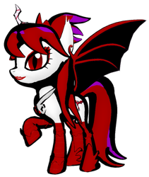 Size: 761x900 | Tagged: safe, artist:ruby zkarlet, deleted from derpibooru, imported from derpibooru, oc, oc only, oc:ruby zkarlet, alicorn, bat pony, bat pony alicorn, pony, pony creator, 3d, 3d pony, 3d pony creator, alicorn oc, amulet, bat eyes, bat pony oc, bat wings, bedroom eyes, boots, changeling horn, clothes, ear piercing, earring, eyeshadow, female, grin, horn, jewelry, lipstick, makeup, mare, pale skin, piercing, pony creator 3d, pony maker, ponylumen, pose, purple mane, raised hoof, red and black mane, red eyes, red mane, sensual, shoes, simple background, smiling, solo, transparent background, wings