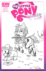 Size: 1235x1920 | Tagged: safe, artist:moonkitty, imported from derpibooru, oc, oc only, dog, pony, unicorn, black and white, bone, bow, christmas, clothes, comic cover, commission, converse, costume, dress, female, grayscale, hair bow, hat, holiday, hoofprints, mare, monochrome, pet, present, puppy, santa costume, santa hat, shoes, snow, snowman, traditional art