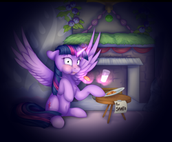 Size: 3400x2800 | Tagged: safe, artist:klarapl, imported from derpibooru, twilight sparkle, alicorn, belly button, caught, chimney, cookie, everything is ruined, fireplace, food, glowing horn, light, magic, milk, night, note, plate, santa claus, sitting, table, telekinesis, twilight sparkle (alicorn)