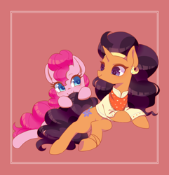 Size: 1200x1244 | Tagged: safe, artist:kkmrarar, imported from derpibooru, pinkie pie, saffron masala, earth pony, pony, unicorn, spice up your life, clothes, cute, diapinkes, ear piercing, earring, female, jewelry, lesbian, looking at each other, mare, piercing, red background, saffronbetes, saffronpie, shipping, simple background, smiling, that was fast