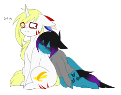 Size: 1682x1324 | Tagged: safe, artist:despotshy, imported from derpibooru, oc, oc only, oc:despy, oc:nox, pegasus, pony, unicorn, clothes, drool, female, hoodie, mare, simple background, sitting, sleeping, transparent background