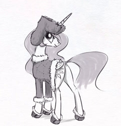 Size: 779x809 | Tagged: safe, artist:el-yeguero, imported from derpibooru, princess celestia, pony, female, hat, looking back, mare, monochrome, sketch, smiling, solo, ushanka, winter outfit