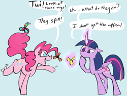 Size: 4000x3000 | Tagged: safe, artist:veesocks, imported from derpibooru, pinkie pie, twilight sparkle, alicorn, 30 minute art challenge, dialogue, female, fidget spinner, open mouth, pink mane, pondering, smiling, thinking, toy, twilight sparkle (alicorn)