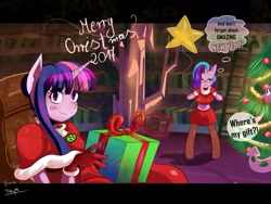 Size: 1205x907 | Tagged: safe, artist:traupa, imported from derpibooru, spike, starlight glimmer, twilight sparkle, anthro, dragon, unguligrade anthro, balloon, blushing, christmas, christmas tree, clothes, costume, holiday, new year, present, santa costume, tree