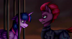 Size: 2109x1158 | Tagged: safe, artist:ggchristian, imported from derpibooru, tempest shadow, twilight sparkle, alicorn, pony, my little pony: the movie, cage, scene interpretation, twilight sparkle (alicorn)