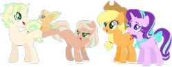 Size: 1024x401 | Tagged: safe, artist:pandemiamichi, artist:s1nb0y, imported from derpibooru, applejack, starlight glimmer, oc, oc:daniela sunlight, oc:jhonny cherimoya, oc:tamara, pony, unicorn, baby, baby pony, base used, female, filly, glimmerjack, lesbian, magical lesbian spawn, male, mare, offspring, parent:applejack, parent:starlight glimmer, parents:glimmerjack, shipping, simple background, stallion, transparent background
