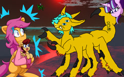Size: 1680x1050 | Tagged: safe, artist:jake heritagu, imported from derpibooru, scootaloo, starlight glimmer, oc, oc:lightning blitz, pegasus, pony, unicorn, comic:ask motherly scootaloo, baby, baby pony, cloak, clothes, colt, female, hairpin, holding a pony, male, mistletoe, mistletoe meme, mother and son, motherly scootaloo, offspring, older, older scootaloo, parent:rain catcher, parent:scootaloo, parents:catcherloo, sweatshirt
