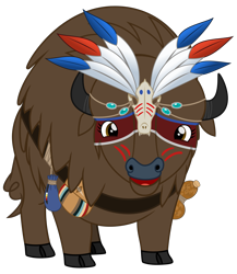 Size: 2600x3000 | Tagged: safe, artist:cheezedoodle96, imported from derpibooru, oc, oc only, oc:laughing water, buffalo, 2018 community collab, derpibooru community collaboration, .svg available, beads, belt, buffalo oc, face paint, feather, female, gourd, headdress, looking at you, non-pony oc, pouch, shaman, simple background, smiling, solo, svg, transparent background, vector, war paint