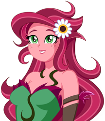 Size: 909x1054 | Tagged: dead source, safe, artist:rosemile mulberry, imported from derpibooru, gaea everfree, gloriosa daisy, equestria girls, legend of everfree, beautiful, clothes, costume, female, flower, flower in hair, freckles, simple background, smiling, solo, white background