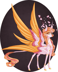 Size: 1934x2400 | Tagged: safe, artist:australian-senior, imported from derpibooru, oc, oc only, oc:eleanor aetherius, alicorn, hybrid, pony, seraph, seraphicorn, kirindos, alternate universe, antlers, coat markings, colored hooves, flower, four wings, leonine tail, multiple wings, simple background, solo, swirly markings