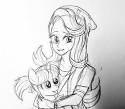 Size: 1024x889 | Tagged: safe, artist:mangoxlsxls16, imported from derpibooru, starlight glimmer, human, pony, unicorn, equestria girls, beanie, black and white, bow, carrying, female, filly, filly starlight glimmer, grayscale, hat, hug, human ponidox, monochrome, pigtails, ribbon, self ponidox, sketch, traditional art, younger