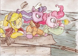Size: 640x462 | Tagged: safe, artist:daisymane, imported from derpibooru, applejack, pinkie pie, starlight glimmer, pegasus, pony, unicorn, balloon, balloon binoculars, binoculars, clothes, ocean, sailing, ship, traditional art, u-boat, watercolor painting