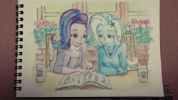 Size: 1024x576 | Tagged: safe, artist:daisymane, imported from derpibooru, starlight glimmer, trixie, equestria girls, book, cafe, coffee, duo, flower, sitting, sketchbook, teaching, traditional art, watercolor painting