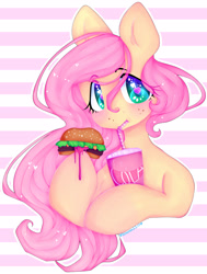 Size: 2165x2868 | Tagged: safe, artist:bunxl, imported from derpibooru, fluttershy, pegasus, pony, burger, drink, drinking straw, female, food, hamburger, soda, solo