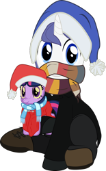 Size: 992x1600 | Tagged: safe, artist:eagle1division, imported from derpibooru, twilight sparkle, oc, oc:star scraper, pony, unicorn, 2018 community collab, derpibooru community collaboration, blanket, christmas, clothes, coat, hat, holiday, jacket, looking at you, male, nightcap, pants, peacoat, plushie, safety pin, santa hat, scarf, shoes, simple background, sitting, solo, stallion, transparent background, vector