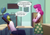 Size: 2046x1447 | Tagged: safe, artist:feellikeaplat, imported from derpibooru, cheerilee, oc, oc:rally flag, equestria girls, angry, arm behind head, arms folded, crossed arms, dialogue, reverse psychology, smiling, smirk