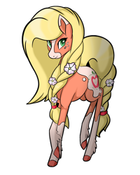 Size: 2400x3000 | Tagged: safe, artist:php119, artist:sisistarr, deleted from derpibooru, imported from derpibooru, applejack, earth pony, pony, leak, spoiler:g5, applejack (g5 concept leak), applejack (g5), female, flower, flower in hair, flower in tail, g5, looking at you, mare, simple background, solo, transparent background