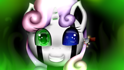 Size: 3309x1861 | Tagged: safe, artist:lixthefork, imported from derpibooru, sweetie belle, pony, robot, robot pony, unicorn, circuit, cute, evil, female, filly, foal, horn, looking at you, smiling, solo, sweetie bot, teeth