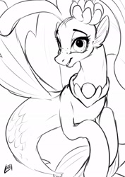 Size: 1448x2048 | Tagged: safe, artist:alice tam, imported from derpibooru, princess skystar, seapony (g4), my little pony: the movie, female, grayscale, monochrome, simple background, smiling, solo, white background