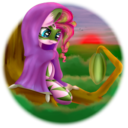 Size: 1861x1861 | Tagged: safe, artist:lixthefork, imported from derpibooru, pinkie pie, changeling, alternate timeline, chrysalis resistance timeline, cocoa tree, jungle, sitting, tree