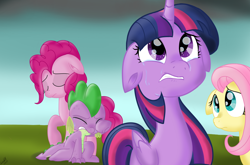 Size: 1214x800 | Tagged: safe, artist:emositecc, imported from derpibooru, fluttershy, pinkie pie, spike, twilight sparkle, alicorn, dragon, pony, crying, dark times, floppy ears, twilight sparkle (alicorn)