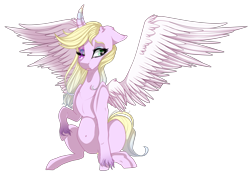 Size: 2007x1435 | Tagged: safe, artist:symphstudio, artist:xxmissteaxx, imported from derpibooru, oc, oc only, oc:pastel feather, alicorn, pony, curved horn, female, mare, simple background, sitting, solo, transparent background