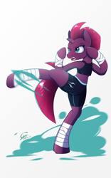 Size: 1200x1920 | Tagged: safe, artist:laptop-pone, imported from derpibooru, tempest shadow, pony, semi-anthro, unicorn, my little pony: the movie, broken horn, clothes, eye scar, female, kickboxing, kicking, mare, open mouth, scar, solo